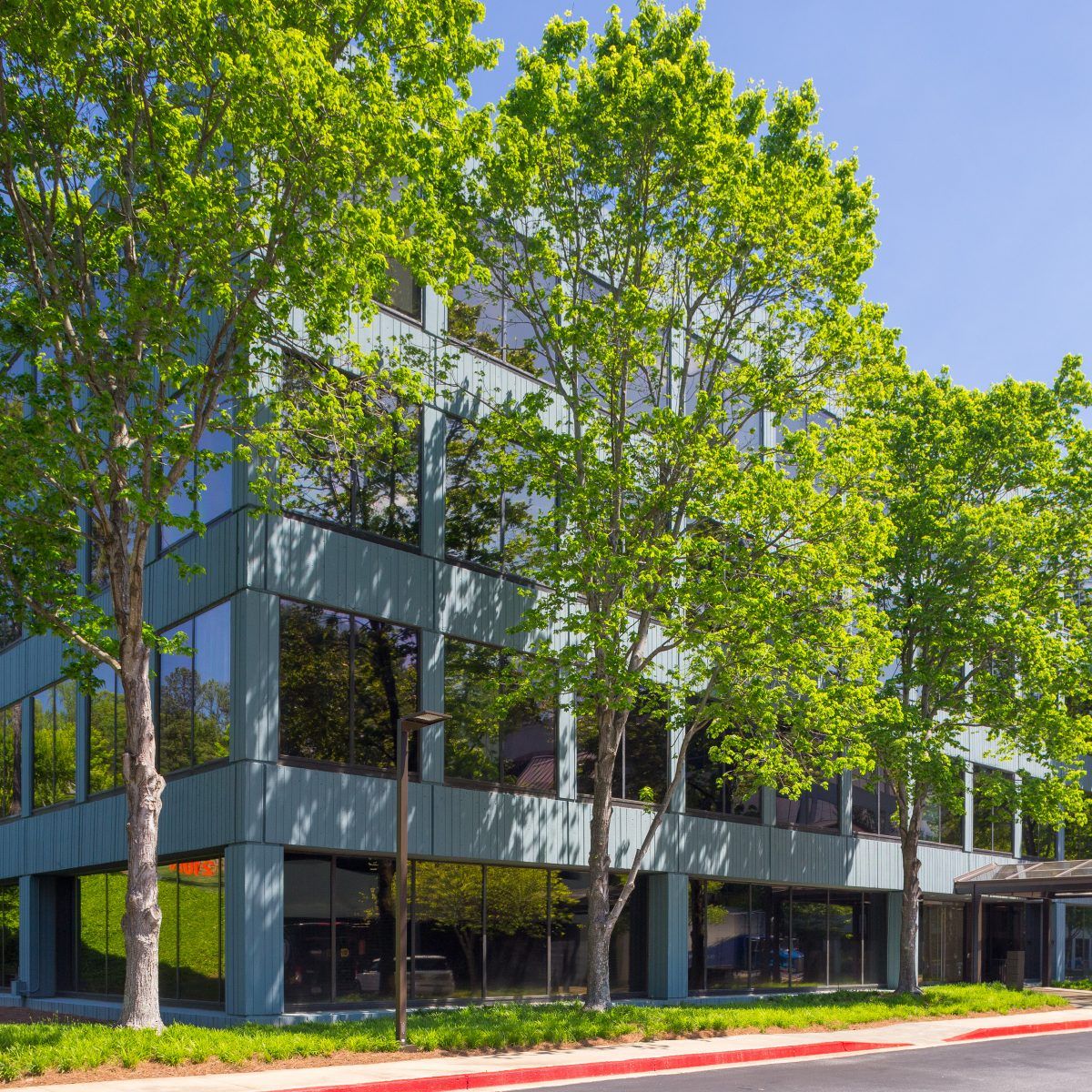 Tall green trees stand in front of the grey and glass Shadowood office park